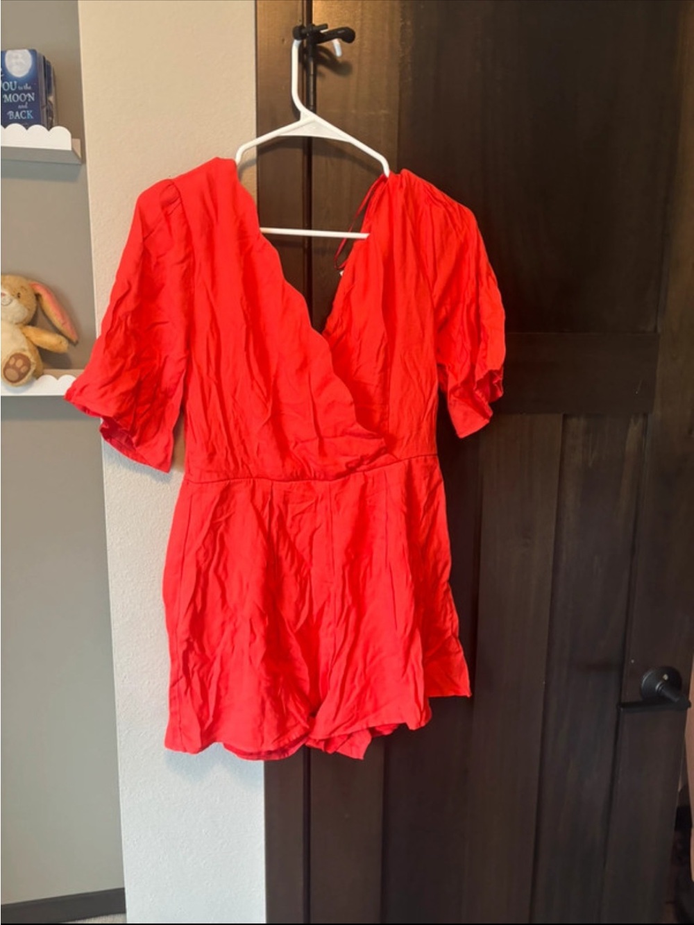 Red V-Neck Puff Sleeve Mini Dress